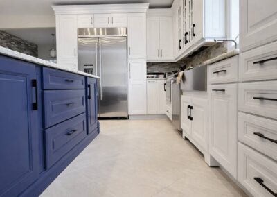 Cabinet Refinishing done by Rad Dezign in white and blue island