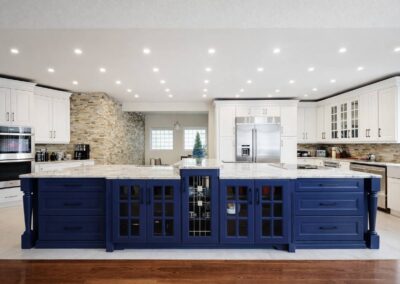 Cabinet refinishing by Rad Dezign in Brighton showing a blue and white luxury kitchen