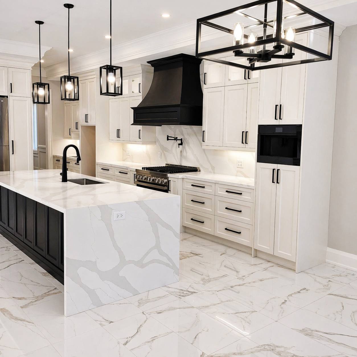 Bespoke inset custom cabinetry in a luxury white kitchen featuring black hood and island