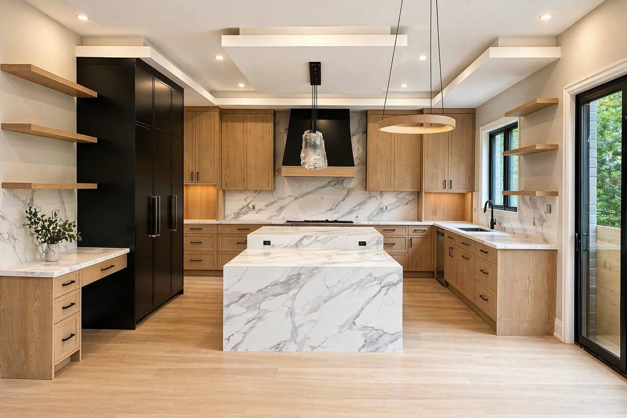 Two-tone luxury oak custom cabinetry done in slim shaker doors with black hood and pantry.