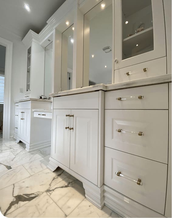 White bathroom vanity cabinets after bathroom cabinet refinishing