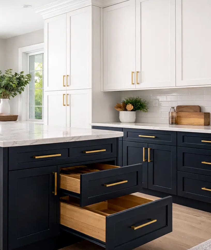 Open navy blue cabinet drawers showing quality craftsmanship from Rad Dezign cabinet refacing